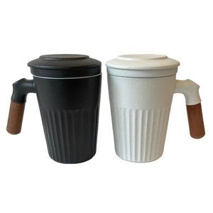 SET of 2 WENSHUO Ceramic w/ Sandalwood Handle Tea Mugs Black & White Cups w/ Inf